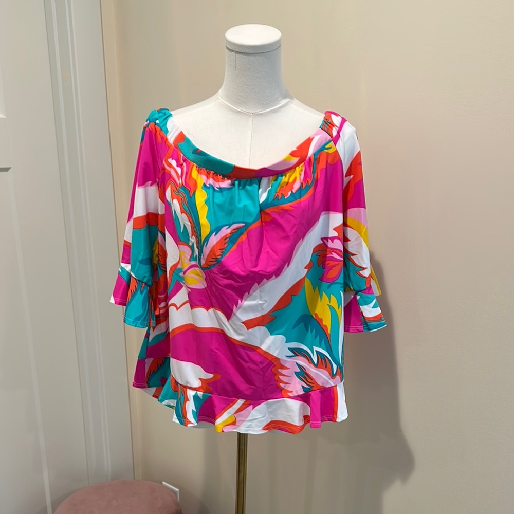 Jude Connally Pink and Blue Asymmetrical 3/4 Sleeve Blouse